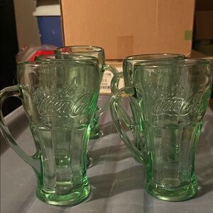 😀vintage green Coca-Cola mugs glasses handles (5)